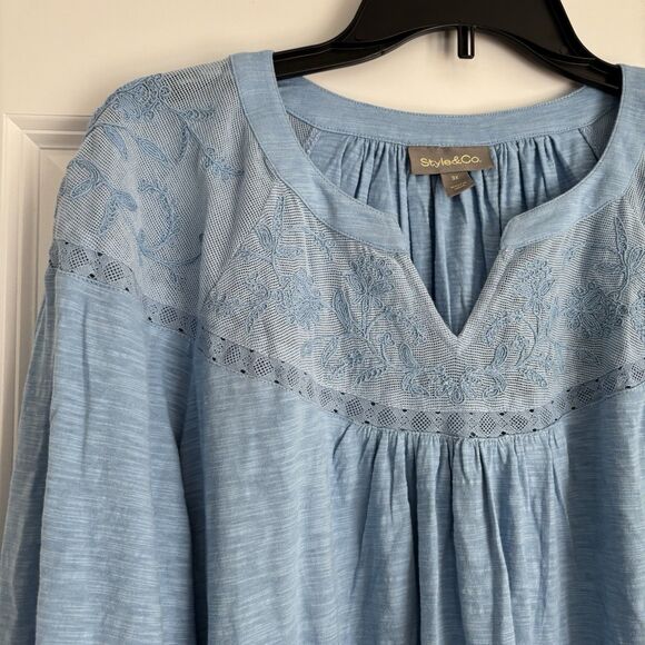 STYLE & CO. WOMENS TOP EMBROIDERED BLUE LONG SLEVEE PULLON COTTON SIZE 1X, 2X,3X - Picture 7 of 8